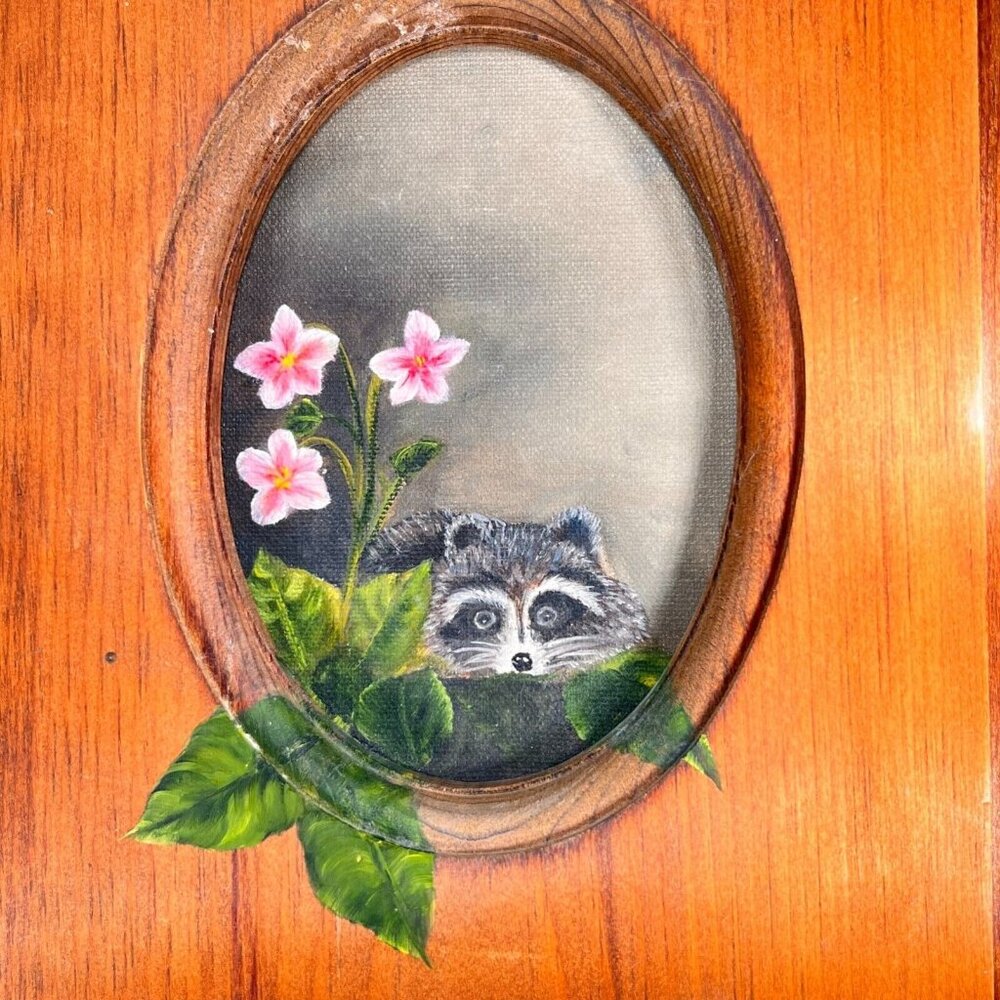 Hand Painted Raccoon Canvas Art Oval Wood Frame Floral Woodland Cabin Rustic